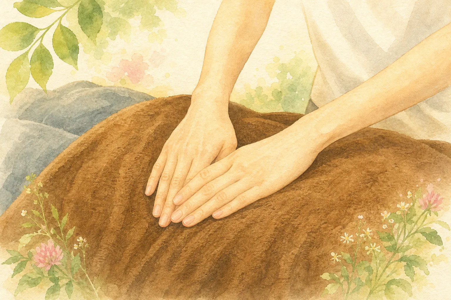 手のひらで背中をやさしくほぐす施術イラスト