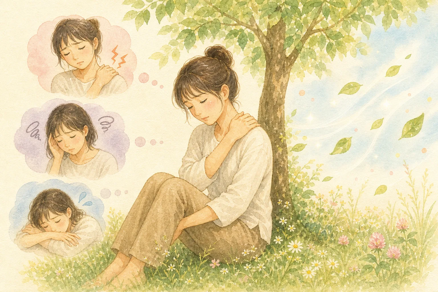 肩や頭の重さを抱えた女性に、草原の風がそっと届くイラスト